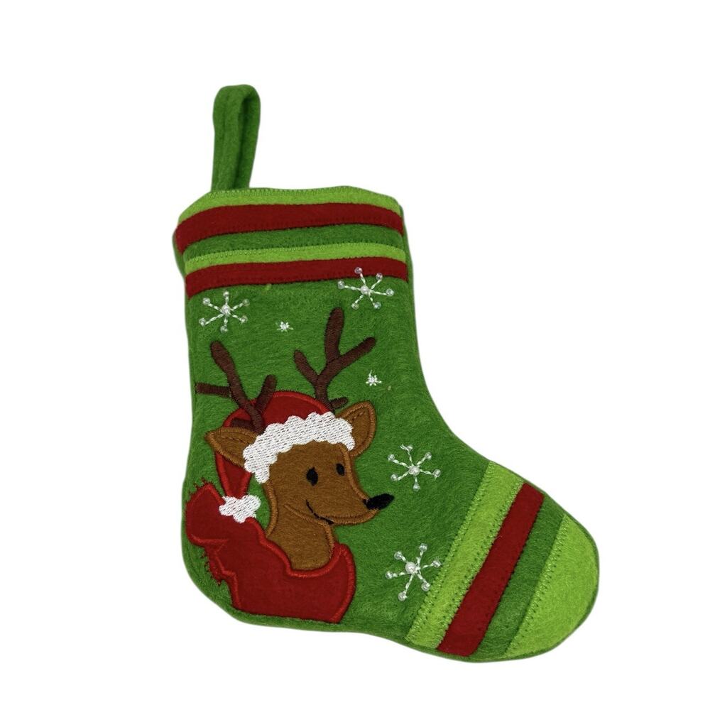 Vintage 6 3/4” Green Red Christmas Stocking Reindeer Appliqué Snowflakes Sequins